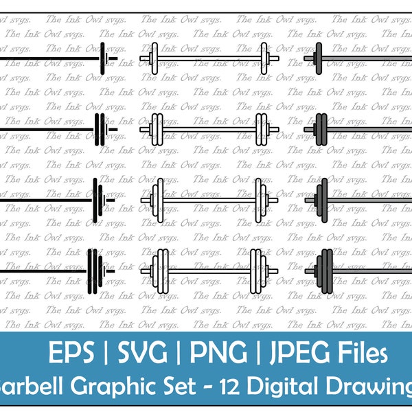 Barbell Weight Set Vector Clipart / Outline, Silhouette Stamp & Color Drawing Illustrations / Gym and fitness /PNG, JPG, SVG, Eps