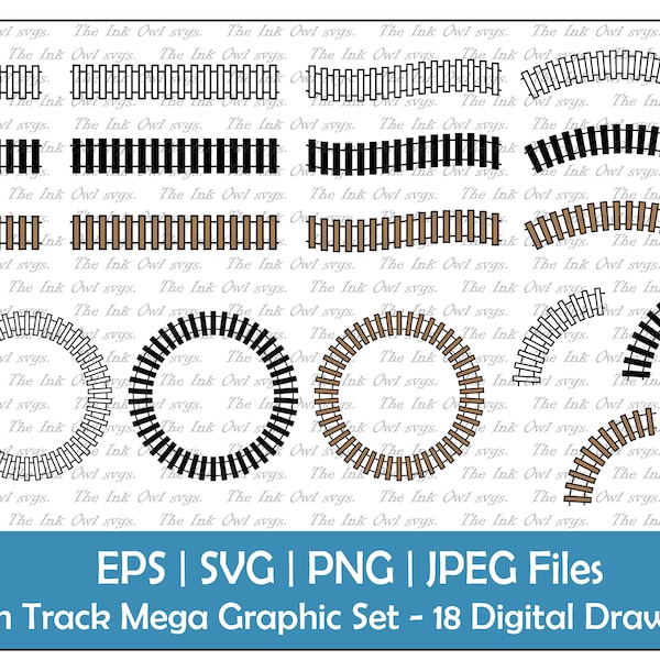 Train Tracks Combo Vector Clipart Set / Outline & Stamp Graphic / Rail road / PNG, JPG, SVG, Eps