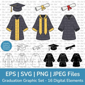 Toga de graduación, imágenes prediseñadas vectoriales / contorno, silueta y gráficos en color / Birrete, sombrero y certificado o diploma / Svg, Png, Jpg, Eps