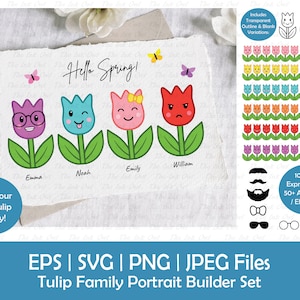 Jolie tulipe fleur portrait de famille Builder Clipart / modèle graphique de contour et couleur / printemps / noms personnalisés / Png, Jpg, Svg, Eps