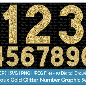Gold Glitter Numbers Clipart Set / Text Graphics / Faux Sparkle / ABC 123 Font Banners / Commercial Use / Sublimation / PNG, JPG, svg, Eps