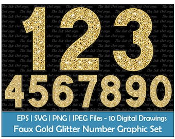 Op de afbeelding: Een set van tien gouden glitter nep-cijfers, van 1 tot en met 0, op een zwarte achtergrond. De cijfers zijn in een vet, bloklettertype en hebben een glinsterende, glittertextuur.