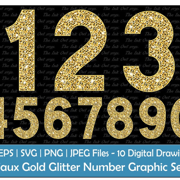 Gold Glitter Numbers Clipart Set / Text Graphics / Faux Sparkle / ABC 123 Font Banners / Commercial Use / Sublimation / PNG, JPG, svg, Eps
