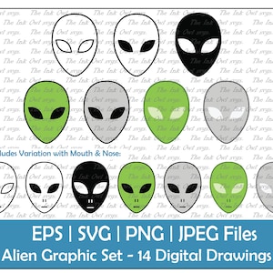 Könnte beinhalten: Ein Set mit 14 digitalen Zeichnungen von Alien-Gesichtern in verschiedenen Farben, darunter Schwarz, Grün, Grau und Weiß. Die Aliens haben große Augen und eine Vielzahl von Gesichtsausdrücken. Der Text "EPS | SVG | PNG | JPEG Files" und "Alien Graphic Set - 14 Digital Drawings" ist im Bild enthalten.