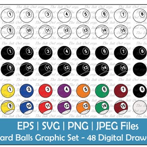 Billiards or Pool Balls Angled Vector Clipart Set / Outline, Silhouette & Color Graphics / Sports / Solids, Stripes / PNG, JPG, SVG, Eps