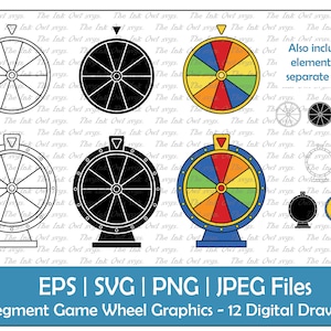 Juego Spin Wheel Vector Clipart Set / 10 segmentos / Esquema, sello y gráficos en color / Fiesta y lotería / PNG, JPG, SVG, Eps