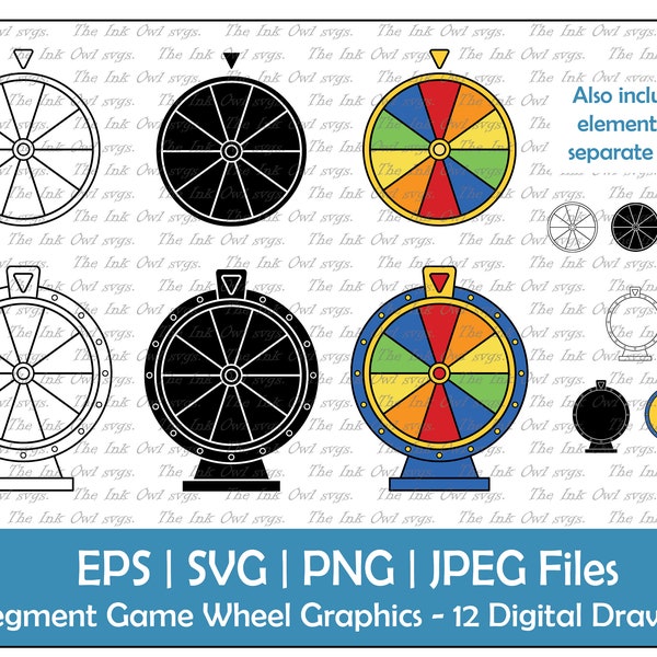 Game Spin Wheel Vector Clipart Set / 10 Segments / Outline, Stamp and Color Graphics / Party and Lottery / PNG, JPG, SVG, Eps