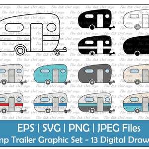 Peut inclure: Un ensemble de 13 dessins numériques de caravanes de camping dans différentes couleurs et styles. Les dessins comprennent des contours en noir et blanc, des couleurs unies et des variations de couleurs avec des rayures. Le texte "EPS | SVG | PNG | JPEG Files Camp Trailer Graphic Set - 13 Digital Drawings" est en bas de l'image.