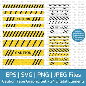 Yellow Striped Caution Tape Signage Clipart / Outline & Color Graphics / Do Not Enter Construction Tape Blank Template / Png, Eps, Jpg, Svg