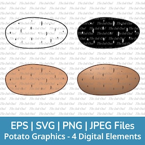Imágenes prediseñadas vectoriales de papa de dibujos animados (SVG) / Contorno, silueta de sello y gráficos de ilustración a color / Alimentos vegetales / Png, Svg, Jpg, Eps