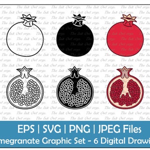 Granatapfel Obst Vektor Clipart Set / Umriss, Stempel & Farbzeichnung Grafik / Ganze und Hälfte / PNG, JPG, SVG, Eps