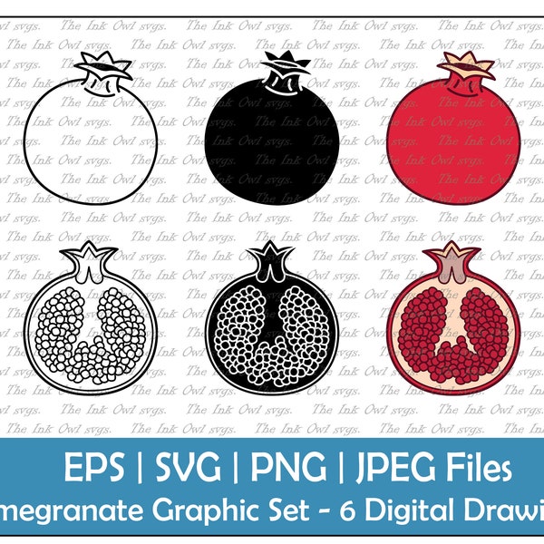 Pomegranate Fruit Vector Clipart Set / Outline, Stamp & Color Drawing Graphic / Whole and Half / PNG, JPG, SVG, Eps