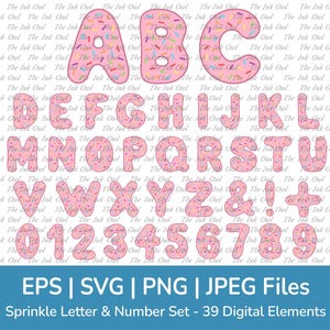 May include: A set of 39 digital elements, including letters and numbers, in a pink donut-like style with colorful sprinkles. The letters and numbers are in a bold, rounded font.
