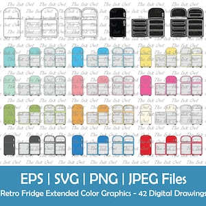 Retro Kühlschrank Clipart / Umriss, Silhouette & Farbgrafik / Offen und Geschlossen / Leerer Kühlschrank Küchengerät / Png, SVG, Jpg, Eps