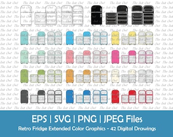 Retro Fridge Clipart / Outline, Silhouette & Color Graphics / Open and Closed / Empty Refrigerator Kitchen Appliance / Png, Svg, Jpg, Eps