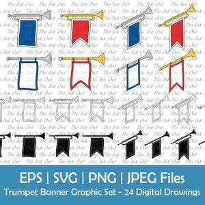 Trumpet with Banner Clipart Set / Musical Instrument / Fanfare Trumpet Sign / Outline, Silhouette & Color Graphic / Png, Svg, Jpg, Eps