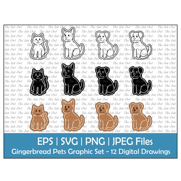 Gingerbread Cookie Pets Vector Clipart Set / Cat and Dog / Outline, Silhouette & Color Graphics / Christmas Treats / Png, Jpg, Svg, Eps