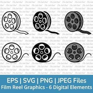 Vintage Film Movie Reel Svg Vector Clipart Set / Outline, Stamp Silhouette & Color Graphic Illustrations / Retro Movie / Png, Jpg, Svg, Eps
