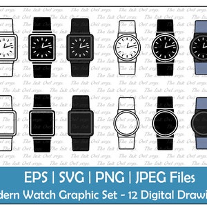 May include: A set of 12 digital drawings of modern watches in various styles. The watches have square and round faces, with black or white dials and bands. The graphic set includes EPS, SVG, PNG, and JPEG files.