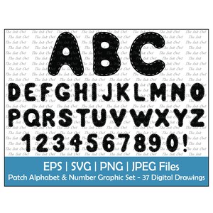 Silhouette Patch Stitch Alphabet Buchstabe und Zahl, Vektor-Clipart / Textgrafik / ABC 123 Banner / Nähstiche / Png, SVG, Jpg, Eps