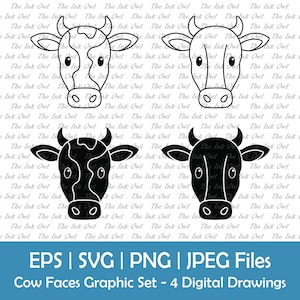 Simple Cow Head or Face with Horns Vector Clipart Set / Outline & Silhouette Stamp Graphics / Farm Animal / Svg, Png, Jpg, Eps