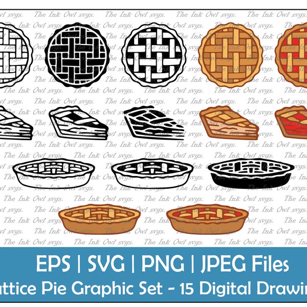 Lattice Pie and Slices Clipart / Outline, Silhouette Stamp & Color Graphic / Apple, Cherry, Berry Dessert / Sublimation / PNG, JPG, SVG, Eps
