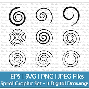 Puede incluir: Un conjunto de nueve dibujos digitales de diseños de espirales negras. Las espirales son de varios tamaños y formas, y están dispuestas en una cuadrícula. El fondo es blanco con un patrón repetitivo de texto.