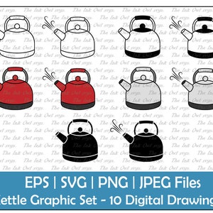 May include: A set of 10 digital drawings of kettles in various colors, including red, black, gray, and white. The kettles are illustrated in a simple, cartoon style with steam coming out of the spout. The text "EPS | SVG | PNG | JPEG Files Kettle Graphic Set - 10 Digital Drawings" is at the bottom of the image.