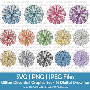 Könnte beinhalten: Ein Set mit 14 digitalen Zeichnungen von Glitzer-Disco-Kugel-Grafiken. Die Grafiken sind in verschiedenen Farben, darunter Blau, Rot, Lila, Grün, Gelb, Orange, Gold, Silber und Grau. Die Grafiken sind perfekt für die Verwendung in Bastelarbeiten, Scrapbooking und anderen kreativen Projekten.