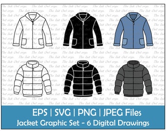 Jacket or Coat Vector Clipart Set / Outline, Stamp & Color Drawing Graphic / Short and Puffer / PNG, JPG, SVG, Eps