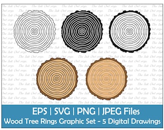 Tree Rings Vector Clipart Set / Outline, Stamp & Color Graphics / Cut Wood / Nature / Commercial Use / PNG, JPG, SVG, Eps