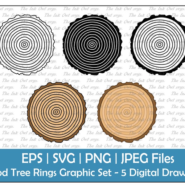 Tree Rings Vector Clipart Set / Outline, Stamp & Color Graphics / Cut Wood / Nature / Commercial Use / PNG, JPG, SVG, Eps