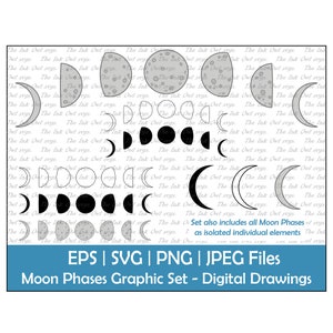 May include: A digital illustration set of moon phases in various stages, including a full moon, crescent moon, and new moon. The set includes both black and white and gray and white moon phases. The text "Set also includes all Moon Phases as isolated individual elements" is included in the image.