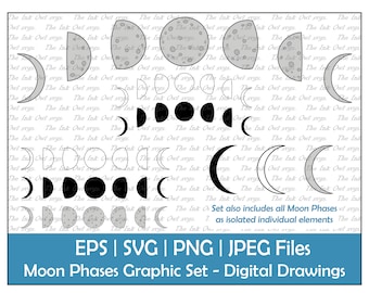 Moon Phases Vector Clipart Set / Outline, Stamp & Color Graphics / Lunar Crescent, Waxing, Waning, Gibbous, Quarter / SVG, JPG, PNG, Eps