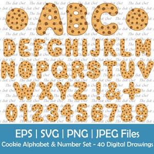 Chocolate Chip Cookie Alphabet Letters and Numbers Vector Clipart / Color Drawing Illustrations / Graphic Font / Svg, Png, Eps, Jpg