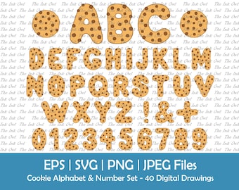 Puede incluir: Un conjunto de 40 dibujos digitales de letras y números con forma de galleta. Las letras son de la A a la Z y los números del 0 al 9. Las galletas son marrones con chispas de chocolate.