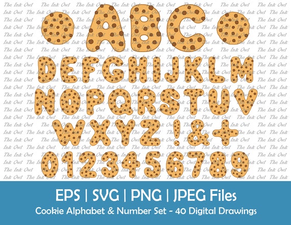 チョコレート チップ クッキーのアルファベット文字と数字のベクター