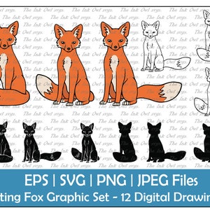 Mignon Fox Assis Vecteur Clipart Dessin / Plan, Silhouette Tampon & Illustration Couleur Graphique / Sublimation / Png, Jpg, Svg, Eps