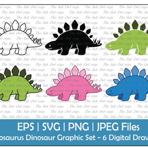 Dinosaur Stegosaurus Vector Clipart Set / Overzicht, Silhouet Stempel & Kleur Tekening Illustraties / Groen, Blauw, Roze / PNG, JPG, SVG, Eps