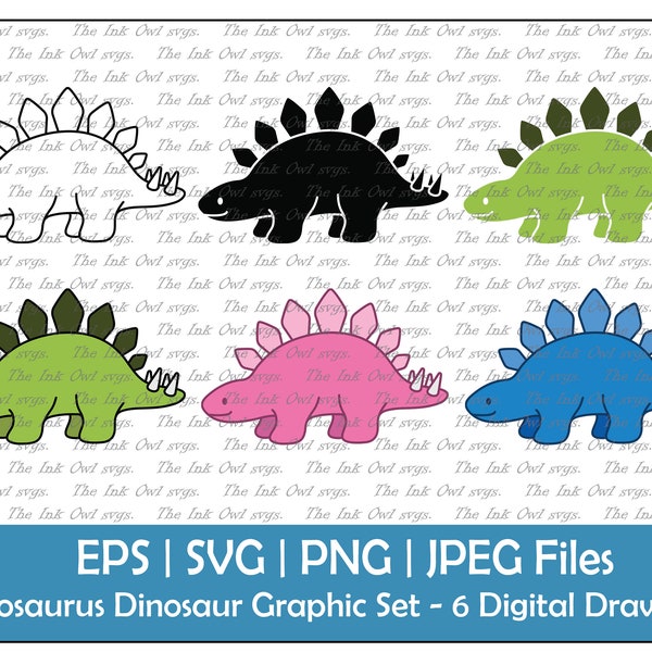 Dinosaur Stegosaurus Vector Clipart Set / Outline, Silhouette Stamp & Color Drawing Illustrations / Green, Blue, Pink / PNG, JPG, SVG, Eps