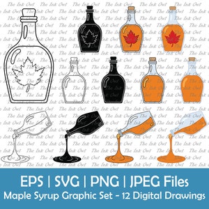 Ensemble de cliparts vectoriels bouteille de sirop d'érable / contour, timbre Silhouette et illustrations graphiques couleur / versement / nourriture / Png, Svg, Jpg, Eps