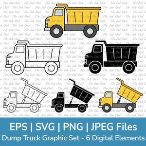 Cute Dump Truck Vector Clipart Set / Outline, Silhouette Stamp & Color Dumptruck Graphics / Construction Sublimation / Svg, Png, Jpg, Eps