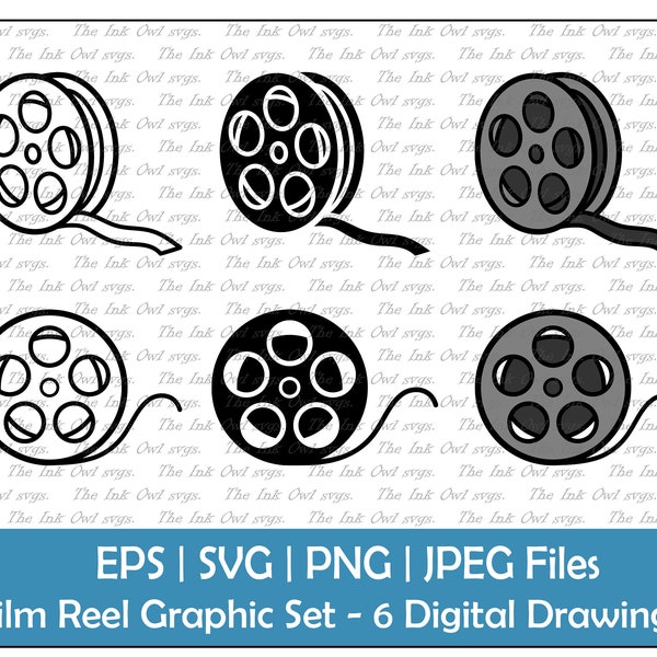 Vintage Film Reel Vector Clipart Set / Outline & Stamp Drawing Illustrations / Retro Movie / PNG, JPG, SVG, Eps