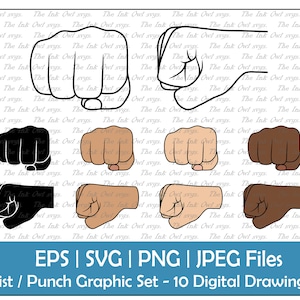 May include: A set of ten digital drawings of fists in various skin tones. The fists are drawn in a simple, cartoon style. The drawings are perfect for use in digital projects, such as social media posts, website graphics, and presentations.