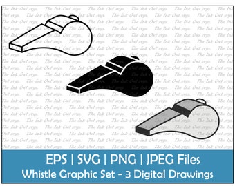 Op de afbeelding: Een set van drie fluitafbeeldingen in zwart, wit en grijs. De ontwerpen zijn eenvoudige lijntekeningen, met de tekst "EPS | SVG | PNG | JPEG Files" en "Whistle Graphic Set - 3 Digital Drawings" onderaan.