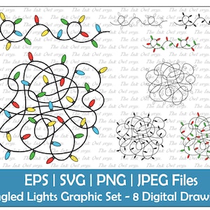 Chaîne enchevêtrée de lumières de Noël Clipart Set / Contour, Silhouette & Couleur Graphiques / Drôle / Sublimation / PNG, JPG, SVG, Eps