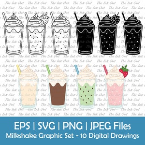 Pode incluir: Um conjunto de dez desenhos digitais de batidos de diferentes cores e estilos. Os batidos são ilustrados em preto e branco, bem como a cores. Alguns batidos têm chantilly e uma cereja no topo, enquanto outros têm morangos ou outras coberturas. O texto "EPS | SVG | PNG | JPEG Files" e "Milkshake Graphic Set - 10 Digital Drawings" está incluído na imagem.