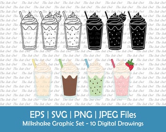 Milkshake Clipart Vector Set / Outline, Silhouette & Color Graphics / Drink / Sublimation Digital Sticker / Svg, Png, Eps, Jpg