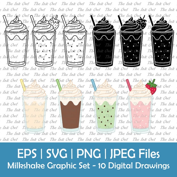 Milkshake Clipart Vector Set / Outline, Silhouette & Color Graphics / Drink / Sublimation Digital Sticker / Svg, Png, Eps, Jpg