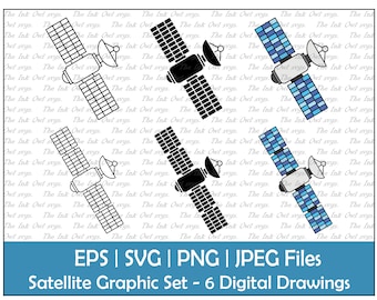 Satellite Vector Clipart Set / Outline & Stamp Icon Graphic / Space and Technology / Solar Powered / Commercial Use / PNG, JPG, SVG, Eps